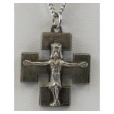 Modern Block Crucifix Sterling Silver Pendant Necklace .