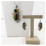 Abstract Enamel & Rhinestone Accented Silver Tone Base Metal Pendant Necklace & French Wire Earrings.