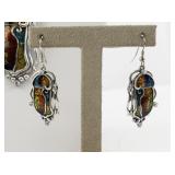 Abstract Enamel & Rhinestone Accented Silver Tone Base Metal Pendant Necklace & French Wire Earrings.