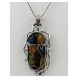 Abstract Enamel & Rhinestone Accented Silver Tone Base Metal Pendant Necklace & French Wire Earrings.