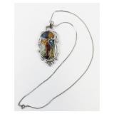 Abstract Enamel & Rhinestone Accented Silver Tone Base Metal Pendant Necklace & French Wire Earrings.