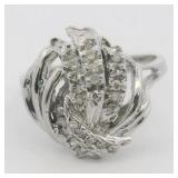 Diamond 10K White Gold Cocktail Ring. Size 8.75.