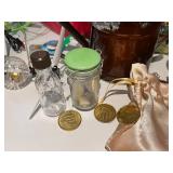 Assorted Decorative Items, Glassware, and Novelty Coins