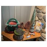 Assorted Holiday Decorations with Pinecones, Trees, Basket, and More