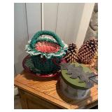 Assorted Holiday Decorations with Pinecones, Trees, Basket, and More