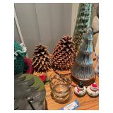 Assorted Holiday Decorations with Pinecones, Trees, Basket, and More