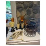Assorted Home Decor Items including Candlesticks and Baskets