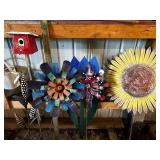 Set of 3 Metal Flower Yard Art Sculptures with Birdhouse and Watering Can