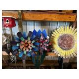 Set of 3 Metal Flower Yard Art Sculptures with Birdhouse and Watering Can