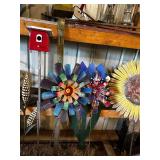 Set of 3 Metal Flower Yard Art Sculptures with Birdhouse and Watering Can