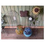 Collection of Garden Decor Items Including Wire Obelisks and Glass Globes