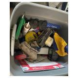 Assorted Workshop Tools and Supplies in Storage Bin