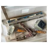 Collection of Various Hand Tools Including Levels and Measuring Tape