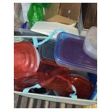 Collection of Plastic Storage Containers and Cardboard Boxes