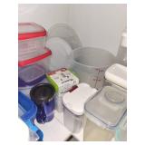 Assorted Kitchenware Collection Including Storage Containers and Baking Supplies