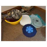 Assorted Kitchenware Collection with Bowls, Mugs, and Utensils