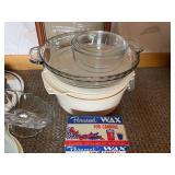 Assorted Kitchenware Collection with Glass Bowls, Spiralizer, and Paraffin Wax