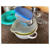 Assorted Kitchenware Collection with Glass Bowls, Spiralizer, and Paraffin Wax