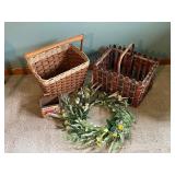 Rustic Decor Set: 2 Wicker Baskets and Greenery Wreath