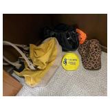 Collection of Handbags, Leopard Print Hat, and Portable Visors