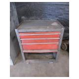 RED METAL TOOL BOX FILLED WITH HAND TOOLS