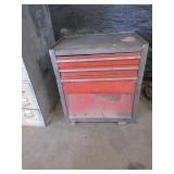 RED METAL TOOL BOX FILLED WITH HAND TOOLS