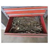 RED METAL TOOL BOX FILLED WITH HAND TOOLS