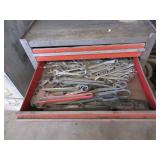 RED METAL TOOL BOX FILLED WITH HAND TOOLS