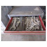 RED METAL TOOL BOX FILLED WITH HAND TOOLS
