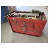 RED METAL TOOL BOX FILLED WITH HAND TOOLS