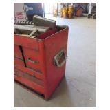 RED METAL TOOL BOX FILLED WITH HAND TOOLS