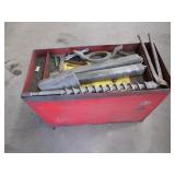 RED METAL TOOL BOX FILLED WITH HAND TOOLS