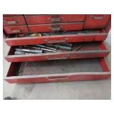 RED METAL TOOL BOX FILLED WITH HAND TOOLS