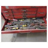 RED METAL TOOL BOX FILLED WITH HAND TOOLS