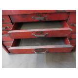 RED METAL TOOL BOX FILLED WITH HAND TOOLS