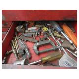 RED METAL TOOL BOX FILLED WITH HAND TOOLS