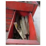 RED METAL TOOL BOX FILLED WITH HAND TOOLS