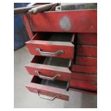 RED METAL TOOL BOX FILLED WITH HAND TOOLS