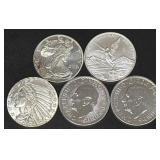 5 Ounce Assorted Silver Coins, Mixed Designs and Mint Years