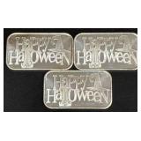 Three 1 oz .999 Fine Silver Happy Halloween Bars