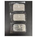 Three 2022 Stack"s Bowers 1 oz Silver Bars in Protective Packaging