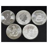 Five Silver Bullion Coins Featuring Various Designs and Minting Years