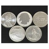 Five 1 troy oz .999 Fine Silver Rounds, Various Designs