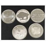 Five 1 troy oz .999 Fine Silver Rounds, Various Designs