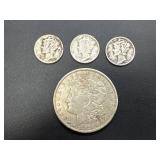 1921 Morgan Dollar and Three Mercury Dimes