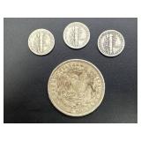 1921 Morgan Dollar and Three Mercury Dimes