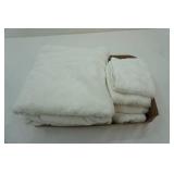 2 White Bath Towels and Hand Towels: some wear and tear