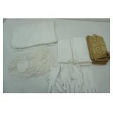 Linens Lot: cloth napkins-white and gold, doilies, table cloth, and white gloves