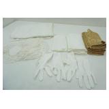 Linens Lot: cloth napkins-white and gold, doilies, table cloth, and white gloves