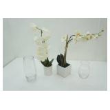 Artificial Potted Plants & 2 Glass Vases